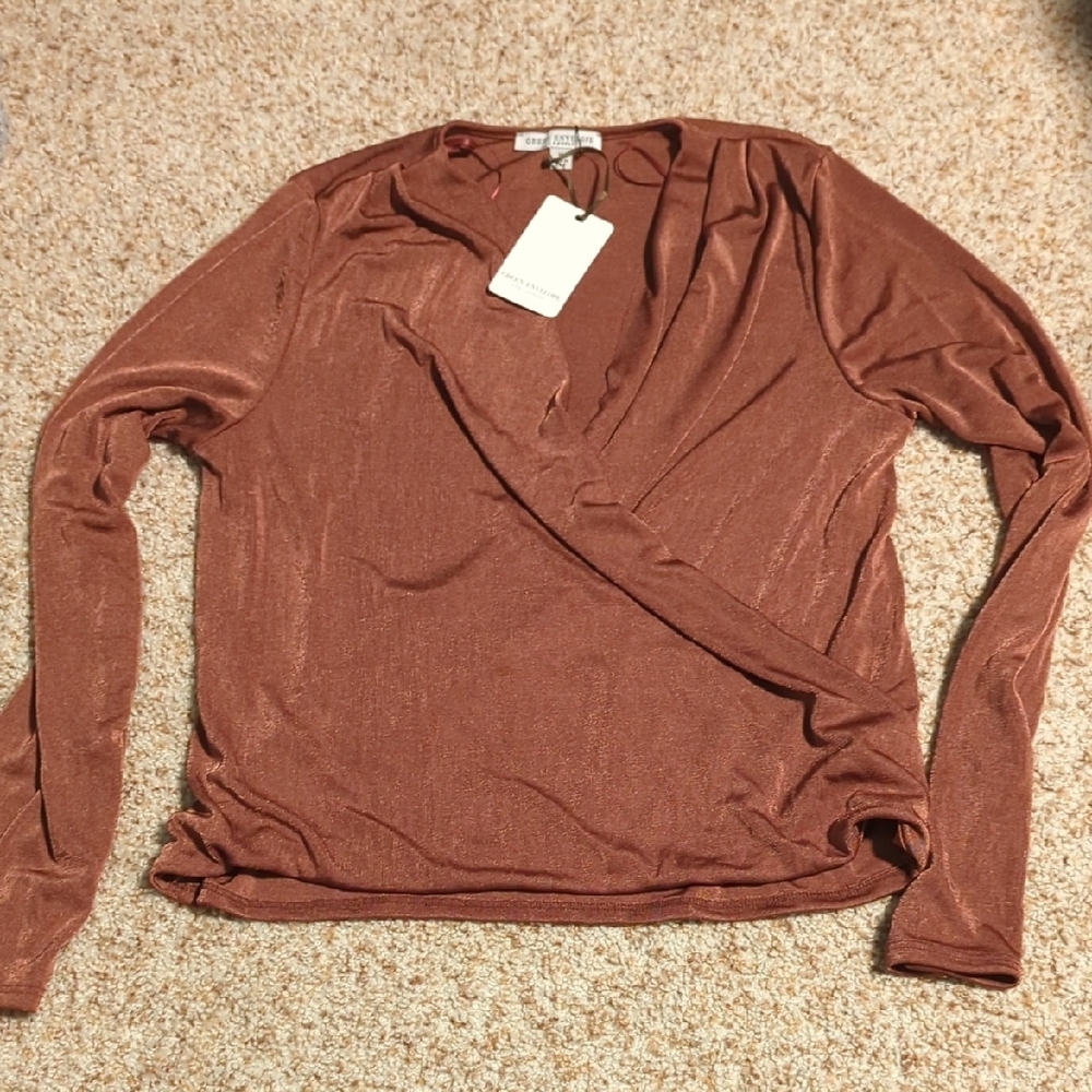 Green Envelope Orange Brown Long Sleeve Wrap Blouse